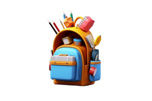 3d backpack with a bunch of school supplies png