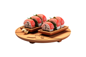 3d sushi on a wooden tray with a wooden plate png