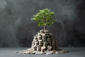 a small tree growing on top of a pile of coins photo