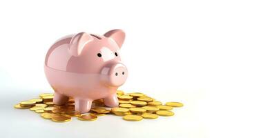 3d pink piggy bank with gold coins on a white background photo
