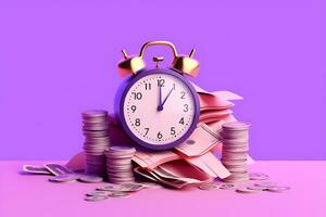 a clock and stacks of money on a purple background photo