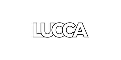 Lucca in the Italia emblem. The design features a geometric style, vector illustration with bold typography in a modern font. The graphic slogan lettering.