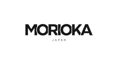 Morioka in the Japan emblem. The design features a geometric style, vector illustration with bold typography in a modern font. The graphic slogan lettering.