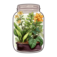 Plants in mason jar sticker, bouquet of flowers in glass jar png