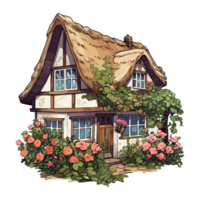 Cute English house illustration. Retro style architecture cottagecore style. Cozy home with flower and chimney. png