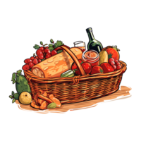 un' picnic cestino su un' lenzuolo, con cibo circostante esso. illustrazione. etichetta stile. png