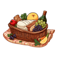 un' picnic cestino su un' lenzuolo, con cibo circostante esso. illustrazione. etichetta stile. png