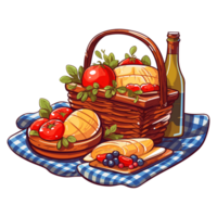 un picnic cesta en un frazada, con comida rodeando él. ilustración. pegatina estilo. png