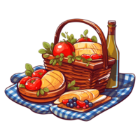 un' picnic cestino su un' lenzuolo, con cibo circostante esso. illustrazione. etichetta stile. png