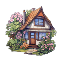 linda Inglés casa ilustración. retro estilo arquitectura casa de campo estilo. acogedor hogar con flor y Chimenea. png