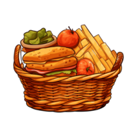 A picnic basket on a blanket, with food surrounding it. Illustration. Sticker style. png