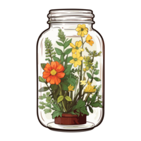 Plants in mason jar sticker, bouquet of flowers in glass jar png
