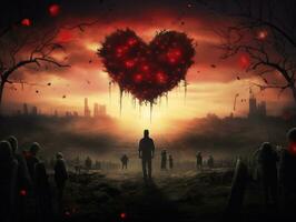 red heart over a cemetery with dark stormy sky. romantic illustration. ai generated photo