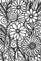 Abstract Black and white monochromatic hand-drawn flowers texture pattern doodle vector illustration