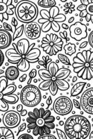 Abstract Black and white monochromatic hand-drawn flowers texture pattern doodle vector illustration