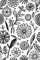 Abstract Black and white monochromatic hand-drawn flowers texture pattern doodle vector illustration