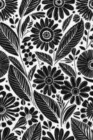 Abstract Black and white monochromatic hand-drawn flowers texture pattern doodle vector illustration