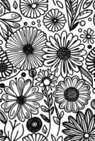 Abstract Black and white monochromatic hand-drawn flowers texture pattern doodle vector illustration