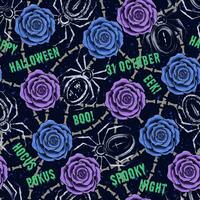 Halloween pattern with blue, violet roses, spiders vector