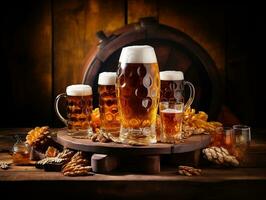 Beer glasses with beer barrel on table generative ai photo