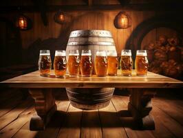 Beer glasses with beer barrel on table generative ai photo