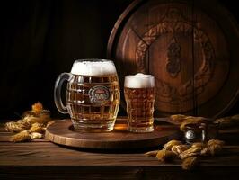 Beer glasses with beer barrel on table generative ai photo