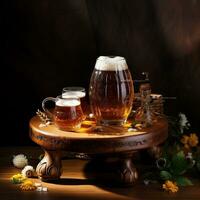 Beer glasses with beer barrel on table generative ai photo