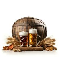 Beer glasses with beer barrel on isolated background generative ai photo