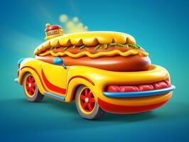 3D Fast Food Hot Dog Delivery truck street food festival symbol with hot dog in cartoon style generative ai photo