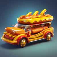 3D Fast Food Hot Dog Delivery truck street food festival symbol with hot dog in cartoon style generative ai photo
