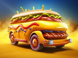 3D Fast Food Hot Dog Delivery truck street food festival symbol with hot dog in cartoon style generative ai photo