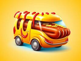 3D Fast Food Hot Dog Delivery truck street food festival symbol with hot dog in cartoon style generative ai photo