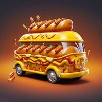 3d rápido comida caliente perro entrega camión calle comida festival símbolo con caliente perro en dibujos animados estilo generativo ai foto