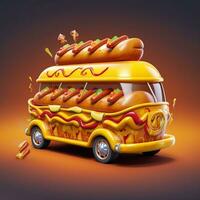 3D Fast Food Hot Dog Delivery truck street food festival symbol with hot dog in cartoon style generative ai photo