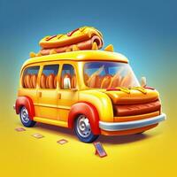 3D Fast Food Hot Dog Delivery truck street food festival symbol with hot dog in cartoon style generative ai photo