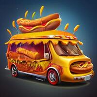 3D Fast Food Hot Dog Delivery truck street food festival symbol with hot dog in cartoon style generative ai photo