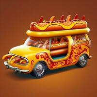 3D Fast Food Hot Dog Delivery truck street food festival symbol with hot dog in cartoon style generative ai photo