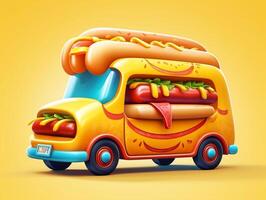 3D Fast Food Hot Dog Delivery truck street food festival symbol with hot dog in cartoon style generative ai photo