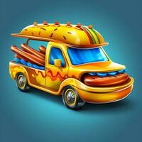 3D Fast Food Hot Dog Delivery truck street food festival symbol with hot dog in cartoon style generative ai photo