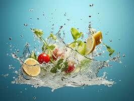 Water splash flying through the air food photography generative ai photo