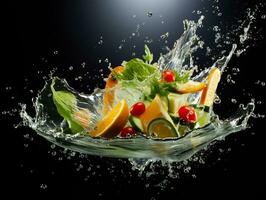 Water splash flying through the air food photography generative ai photo