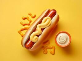 Fresh hot dog with sausage and sauces, mayonnaise, ketchup and mustard mockup with text space generative ai photo