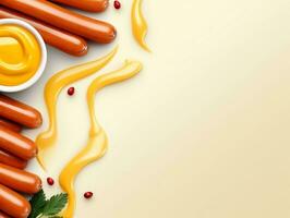 Fresh hot dog with sausage and sauces, mayonnaise, ketchup and mustard mockup with text space generative ai photo