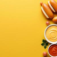 Fresco caliente perro con salchicha y salsas, mayonesa, salsa de tomate y mostaza Bosquejo con texto espacio generativo ai foto