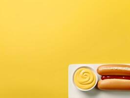 Fresh hot dog with sausage and sauces, mayonnaise, ketchup and mustard mockup with text space generative ai photo