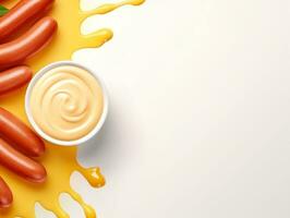 Fresh hot dog with sausage and sauces, mayonnaise, ketchup and mustard mockup with text space generative ai photo