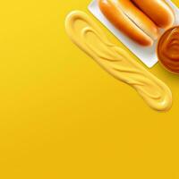 Fresco caliente perro con salchicha y salsas, mayonesa, salsa de tomate y mostaza Bosquejo con texto espacio generativo ai foto