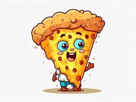 gracioso Pizza rebanada dibujos animados personaje clipart, pintada garabatear estilo en el blanco antecedentes generativo ai foto