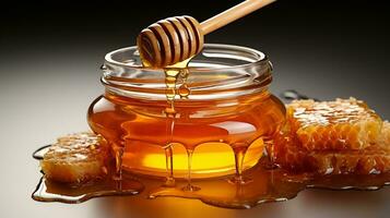 Jar of pure honey with honey dipper isolated on white background generative ai photo