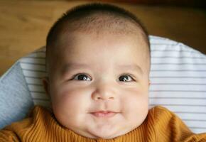 Close Up Shot of Cute Asian Pakistani 4 Months Old Baby Boy, Who is Enjoying at Home Garden at Luton City of England UK. Image Was Captured on July 23rd, 2023 photo